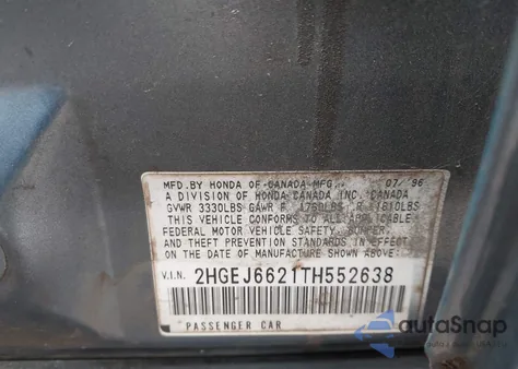 1996 Honda Civic Dx из США, поврежденный, VIN 2HGEJ6621TH552638